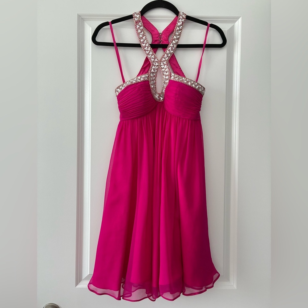 Jovani Size 0 Rhinestone Beaded Hot Pink Short Racerback Style Dress - Picture 2 of 9